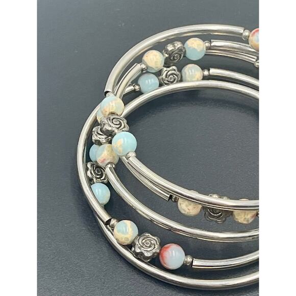 Coil Wrap Agate Seafoam Green Rose Pastel Accent Bracelet Memory Wire Bangle - Picture 5 of 9